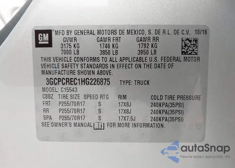 2017 Chevrolet Silverado 1500 1Lt z USA, uszkodzony, nr VIN 3GCPCREC1HG226875